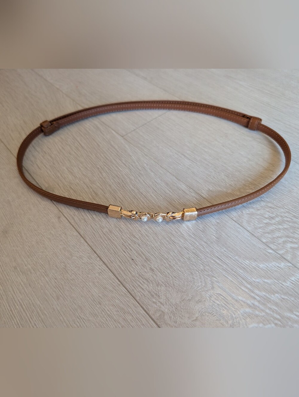 Thin, Adjustable Leather Belt With Gold & Pearl Clasp